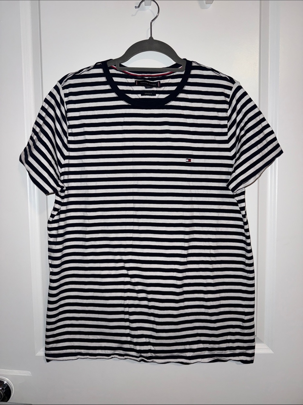 Tommy Hilfiger Men’s Black and White Striped Crew Neck T-Shirt